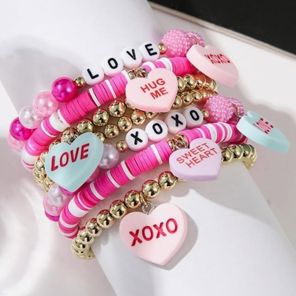 Hot Pink Valentine's Day Beaded XOXO Love Heart Bracelet Sets Size OS